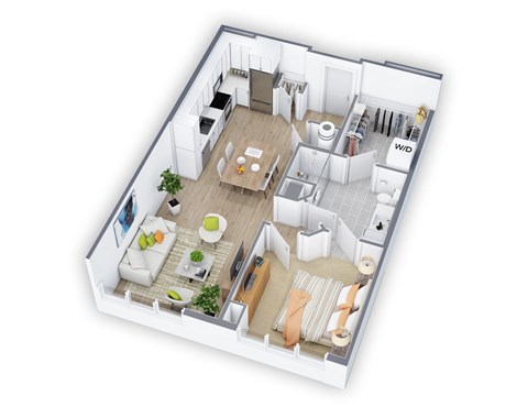 Floor plan for 1 bed, 1 bath, 737 sqft